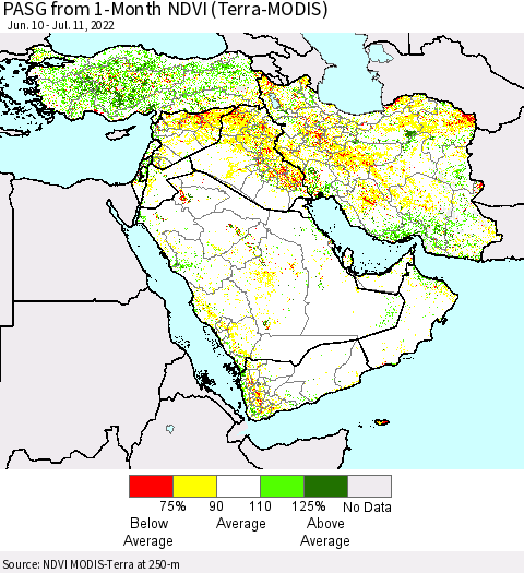 Middle East and Turkey PASG from 1-Month NDVI (Terra-MODIS) Thematic Map For 7/4/2022 - 7/11/2022