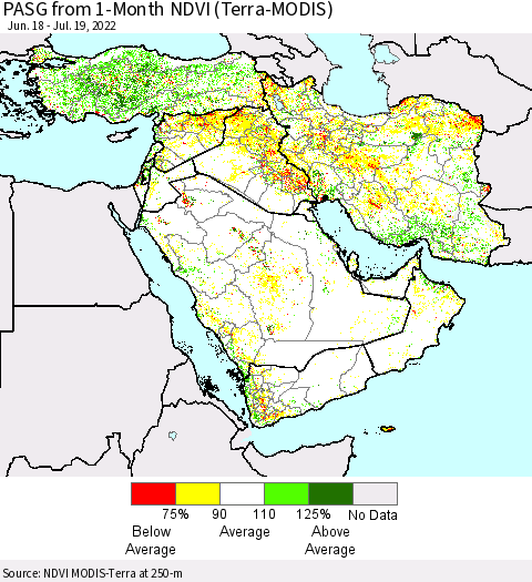 Middle East and Turkey PASG from 1-Month NDVI (Terra-MODIS) Thematic Map For 7/12/2022 - 7/19/2022
