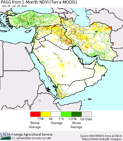 Middle East and Turkey PASG from 1-Month NDVI (Terra-MODIS) Thematic Map For 7/11/2022 - 7/20/2022
