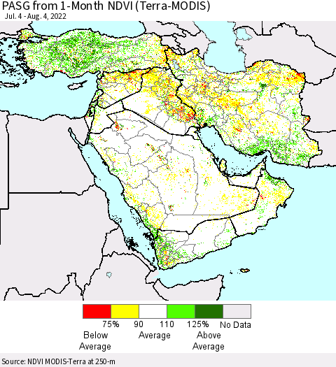 Middle East and Turkey PASG from 1-Month NDVI (Terra-MODIS) Thematic Map For 7/28/2022 - 8/4/2022