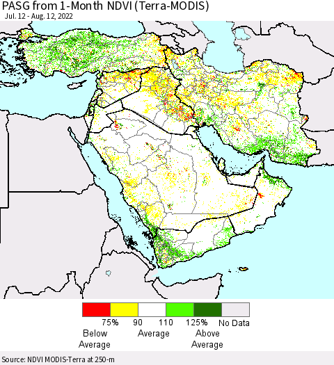 Middle East and Turkey PASG from 1-Month NDVI (Terra-MODIS) Thematic Map For 8/5/2022 - 8/12/2022