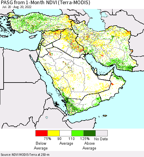 Middle East and Turkey PASG from 1-Month NDVI (Terra-MODIS) Thematic Map For 8/11/2022 - 8/20/2022