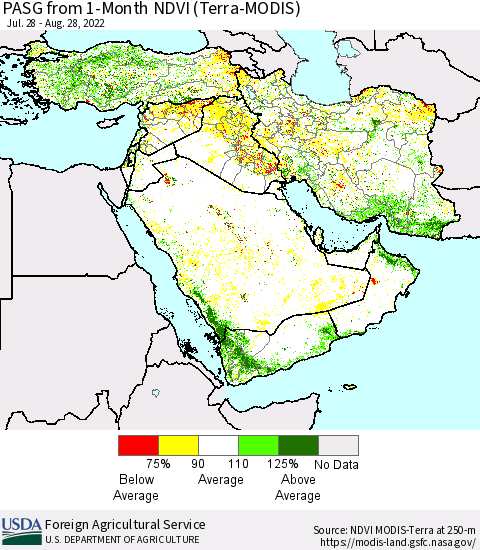 Middle East and Turkey PASG from 1-Month NDVI (Terra-MODIS) Thematic Map For 8/21/2022 - 8/31/2022