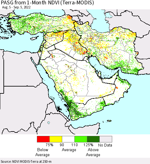 Middle East and Turkey PASG from 1-Month NDVI (Terra-MODIS) Thematic Map For 8/29/2022 - 9/5/2022