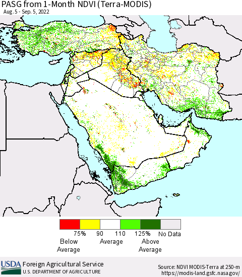Middle East and Turkey PASG from 1-Month NDVI (Terra-MODIS) Thematic Map For 9/1/2022 - 9/10/2022