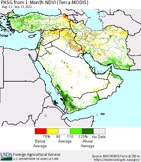 Middle East and Turkey PASG from 1-Month NDVI (Terra-MODIS) Thematic Map For 9/11/2022 - 9/20/2022