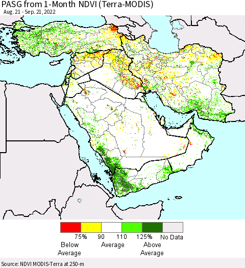 Middle East and Turkey PASG from 1-Month NDVI (Terra-MODIS) Thematic Map For 9/14/2022 - 9/21/2022