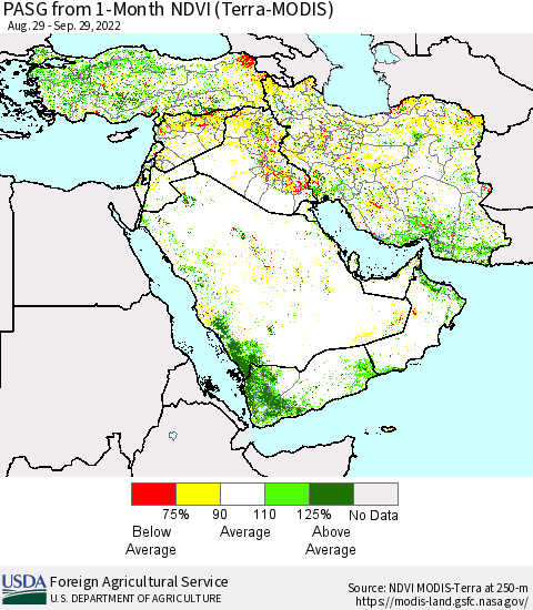 Middle East and Turkey PASG from 1-Month NDVI (Terra-MODIS) Thematic Map For 9/21/2022 - 9/30/2022