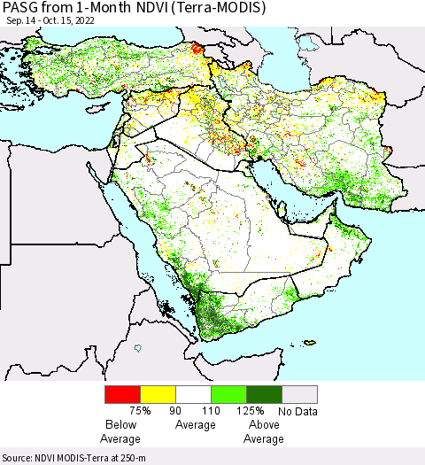 Middle East and Turkey PASG from 1-Month NDVI (Terra-MODIS) Thematic Map For 10/8/2022 - 10/15/2022