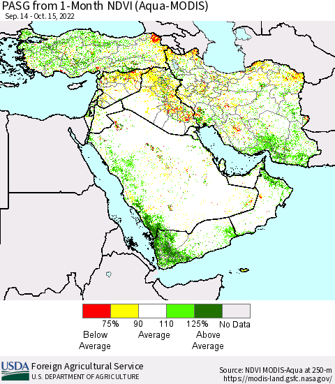 Middle East and Turkey PASG from 1-Month NDVI (Terra-MODIS) Thematic Map For 10/11/2022 - 10/20/2022