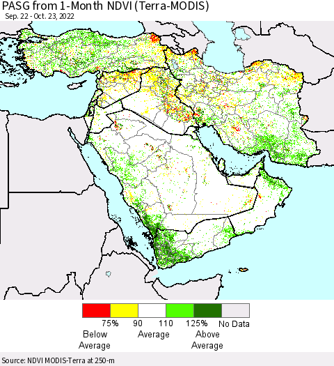 Middle East and Turkey PASG from 1-Month NDVI (Terra-MODIS) Thematic Map For 10/16/2022 - 10/23/2022