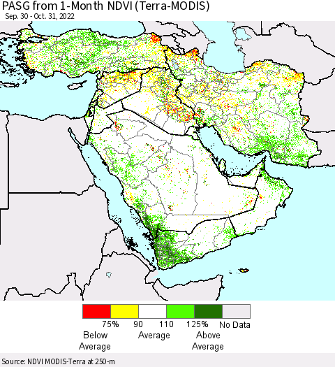 Middle East and Turkey PASG from 1-Month NDVI (Terra-MODIS) Thematic Map For 10/21/2022 - 10/31/2022