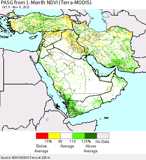 Middle East and Turkey PASG from 1-Month NDVI (Terra-MODIS) Thematic Map For 11/1/2022 - 11/8/2022