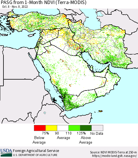 Middle East and Turkey PASG from 1-Month NDVI (Terra-MODIS) Thematic Map For 11/1/2022 - 11/10/2022