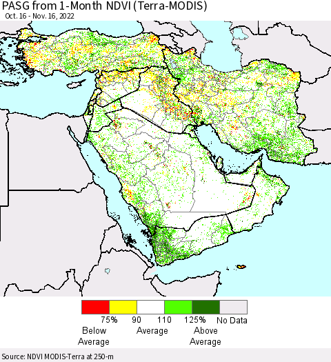 Middle East and Turkey PASG from 1-Month NDVI (Terra-MODIS) Thematic Map For 11/9/2022 - 11/16/2022