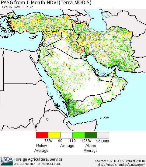 Middle East and Turkey PASG from 1-Month NDVI (Terra-MODIS) Thematic Map For 11/11/2022 - 11/20/2022