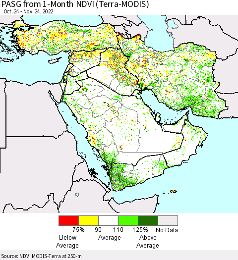 Middle East and Turkey PASG from 1-Month NDVI (Terra-MODIS) Thematic Map For 11/17/2022 - 11/24/2022