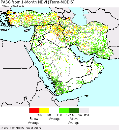 Middle East and Turkey PASG from 1-Month NDVI (Terra-MODIS) Thematic Map For 11/25/2022 - 12/2/2022
