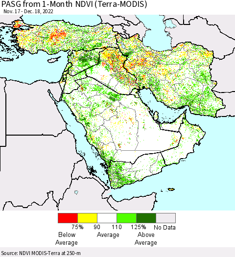 Middle East and Turkey PASG from 1-Month NDVI (Terra-MODIS) Thematic Map For 12/11/2022 - 12/18/2022