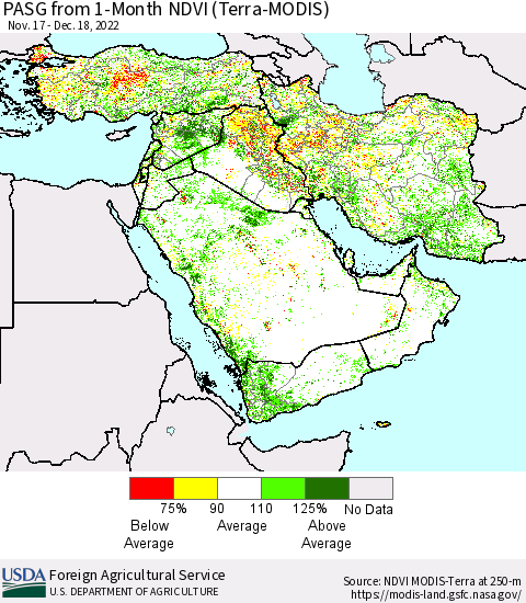 Middle East and Turkey PASG from 1-Month NDVI (Terra-MODIS) Thematic Map For 12/11/2022 - 12/20/2022