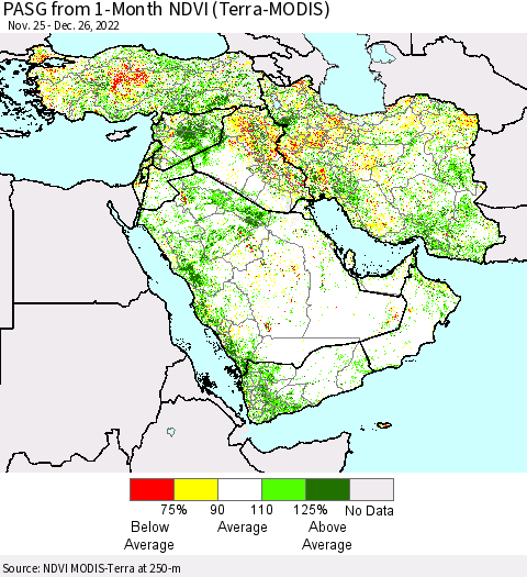 Middle East and Turkey PASG from 1-Month NDVI (Terra-MODIS) Thematic Map For 12/19/2022 - 12/26/2022