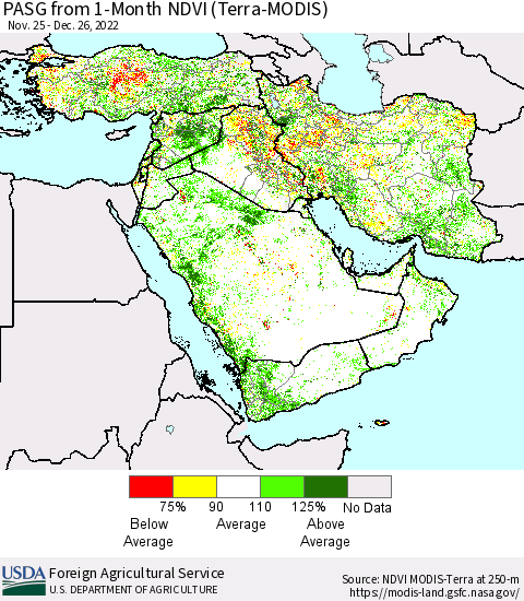 Middle East and Turkey PASG from 1-Month NDVI (Terra-MODIS) Thematic Map For 12/21/2022 - 12/31/2022