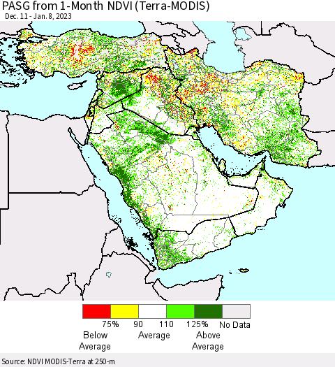 Middle East and Turkey PASG from 1-Month NDVI (Terra-MODIS) Thematic Map For 1/1/2023 - 1/8/2023
