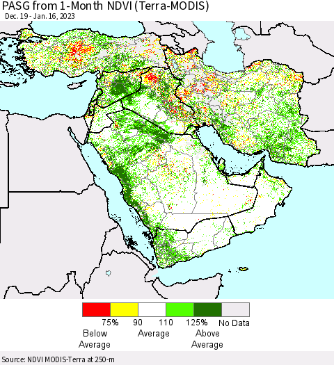 Middle East and Turkey PASG from 1-Month NDVI (Terra-MODIS) Thematic Map For 1/9/2023 - 1/16/2023