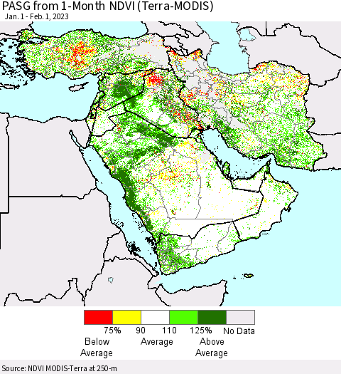 Middle East and Turkey PASG from 1-Month NDVI (Terra-MODIS) Thematic Map For 1/25/2023 - 2/1/2023
