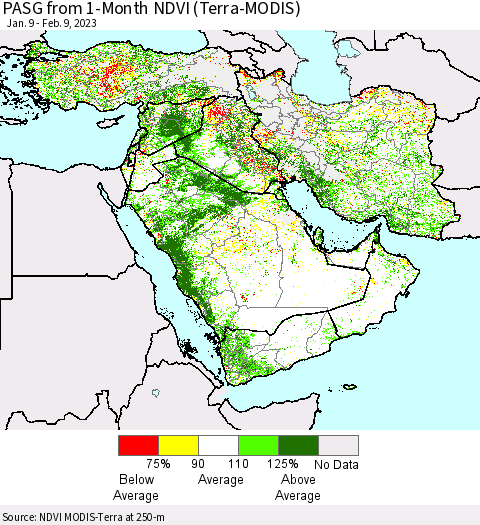 Middle East and Turkey PASG from 1-Month NDVI (Terra-MODIS) Thematic Map For 2/2/2023 - 2/9/2023