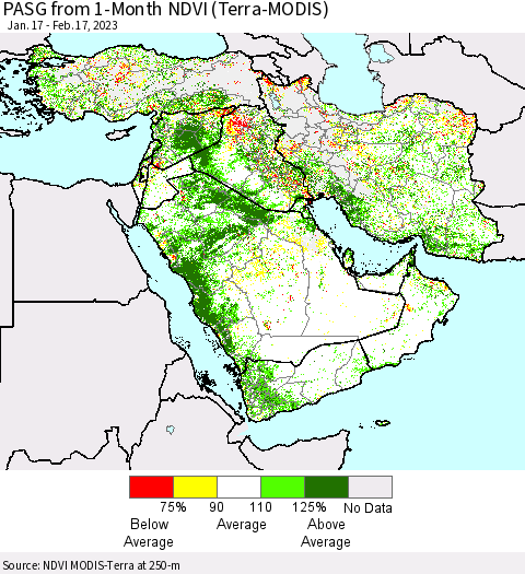 Middle East and Turkey PASG from 1-Month NDVI (Terra-MODIS) Thematic Map For 2/10/2023 - 2/17/2023