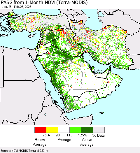 Middle East and Turkey PASG from 1-Month NDVI (Terra-MODIS) Thematic Map For 2/18/2023 - 2/25/2023