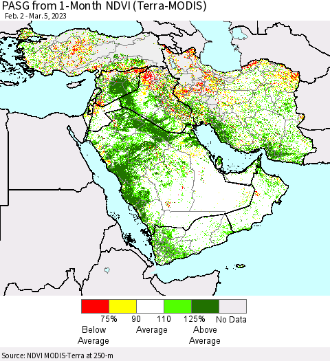 Middle East and Turkey PASG from 1-Month NDVI (Terra-MODIS) Thematic Map For 2/26/2023 - 3/5/2023