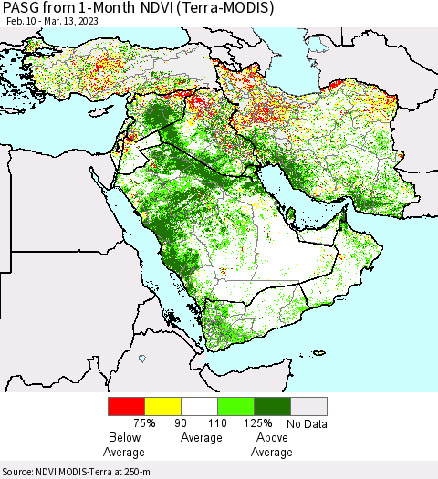 Middle East and Turkey PASG from 1-Month NDVI (Terra-MODIS) Thematic Map For 3/6/2023 - 3/13/2023