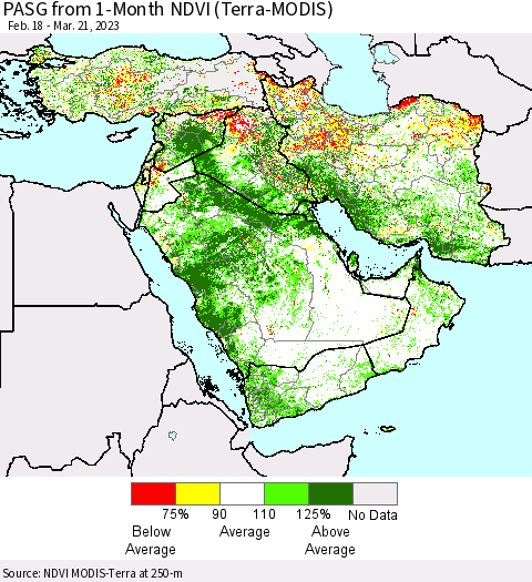 Middle East and Turkey PASG from 1-Month NDVI (Terra-MODIS) Thematic Map For 3/14/2023 - 3/21/2023