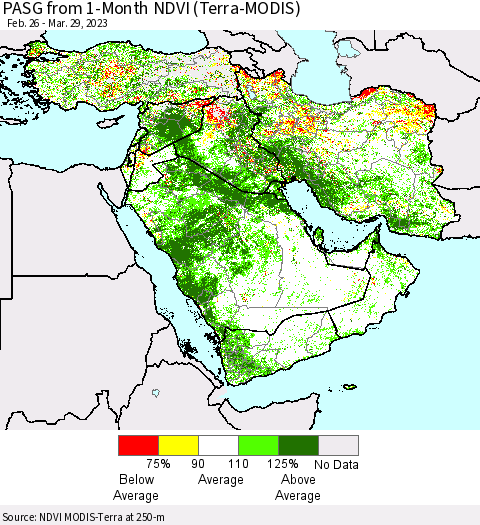 Middle East and Turkey PASG from 1-Month NDVI (Terra-MODIS) Thematic Map For 3/22/2023 - 3/29/2023