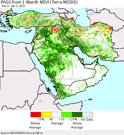 Middle East and Turkey PASG from 1-Month NDVI (Terra-MODIS) Thematic Map For 3/30/2023 - 4/6/2023