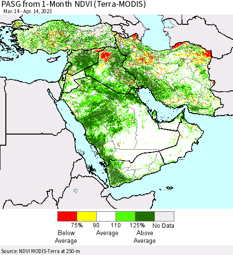 Middle East and Turkey PASG from 1-Month NDVI (Terra-MODIS) Thematic Map For 4/7/2023 - 4/14/2023