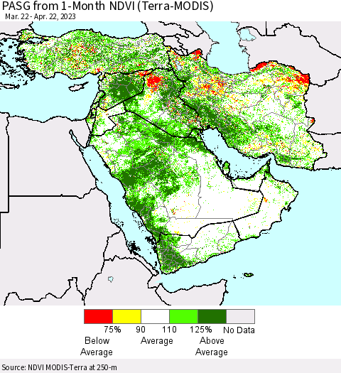 Middle East and Turkey PASG from 1-Month NDVI (Terra-MODIS) Thematic Map For 4/15/2023 - 4/22/2023