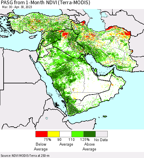 Middle East and Turkey PASG from 1-Month NDVI (Terra-MODIS) Thematic Map For 4/23/2023 - 4/30/2023