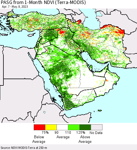 Middle East and Turkey PASG from 1-Month NDVI (Terra-MODIS) Thematic Map For 5/1/2023 - 5/8/2023