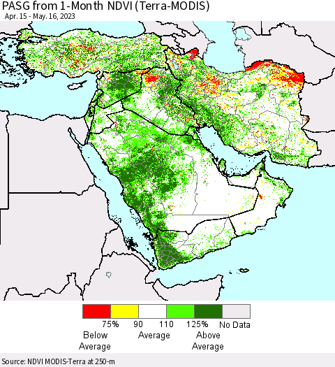 Middle East and Turkey PASG from 1-Month NDVI (Terra-MODIS) Thematic Map For 5/9/2023 - 5/16/2023