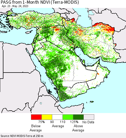 Middle East and Turkey PASG from 1-Month NDVI (Terra-MODIS) Thematic Map For 5/17/2023 - 5/24/2023