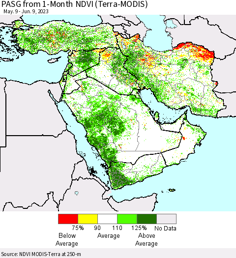 Middle East and Turkey PASG from 1-Month NDVI (Terra-MODIS) Thematic Map For 6/2/2023 - 6/9/2023