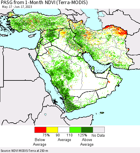 Middle East and Turkey PASG from 1-Month NDVI (Terra-MODIS) Thematic Map For 6/10/2023 - 6/17/2023