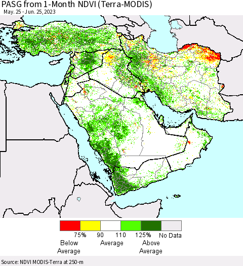 Middle East and Turkey PASG from 1-Month NDVI (Terra-MODIS) Thematic Map For 6/18/2023 - 6/25/2023