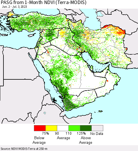 Middle East and Turkey PASG from 1-Month NDVI (Terra-MODIS) Thematic Map For 6/26/2023 - 7/3/2023