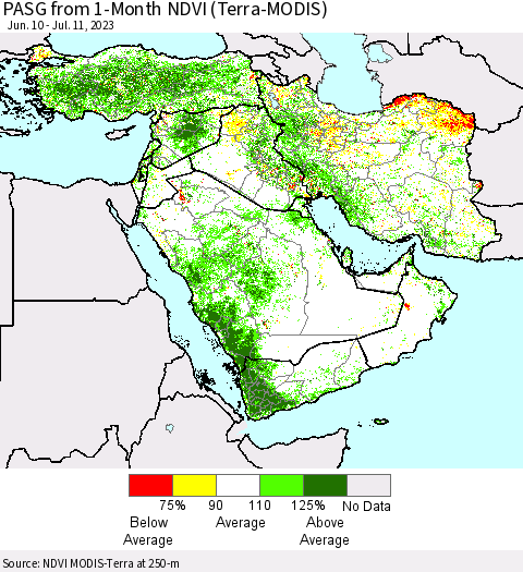 Middle East and Turkey PASG from 1-Month NDVI (Terra-MODIS) Thematic Map For 7/4/2023 - 7/11/2023