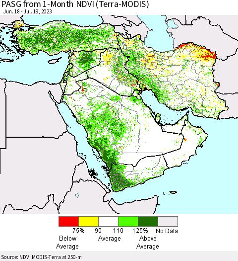 Middle East and Turkey PASG from 1-Month NDVI (Terra-MODIS) Thematic Map For 7/12/2023 - 7/19/2023