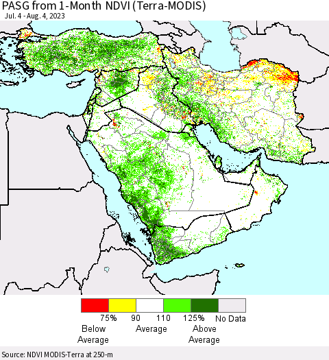 Middle East and Turkey PASG from 1-Month NDVI (Terra-MODIS) Thematic Map For 7/28/2023 - 8/4/2023